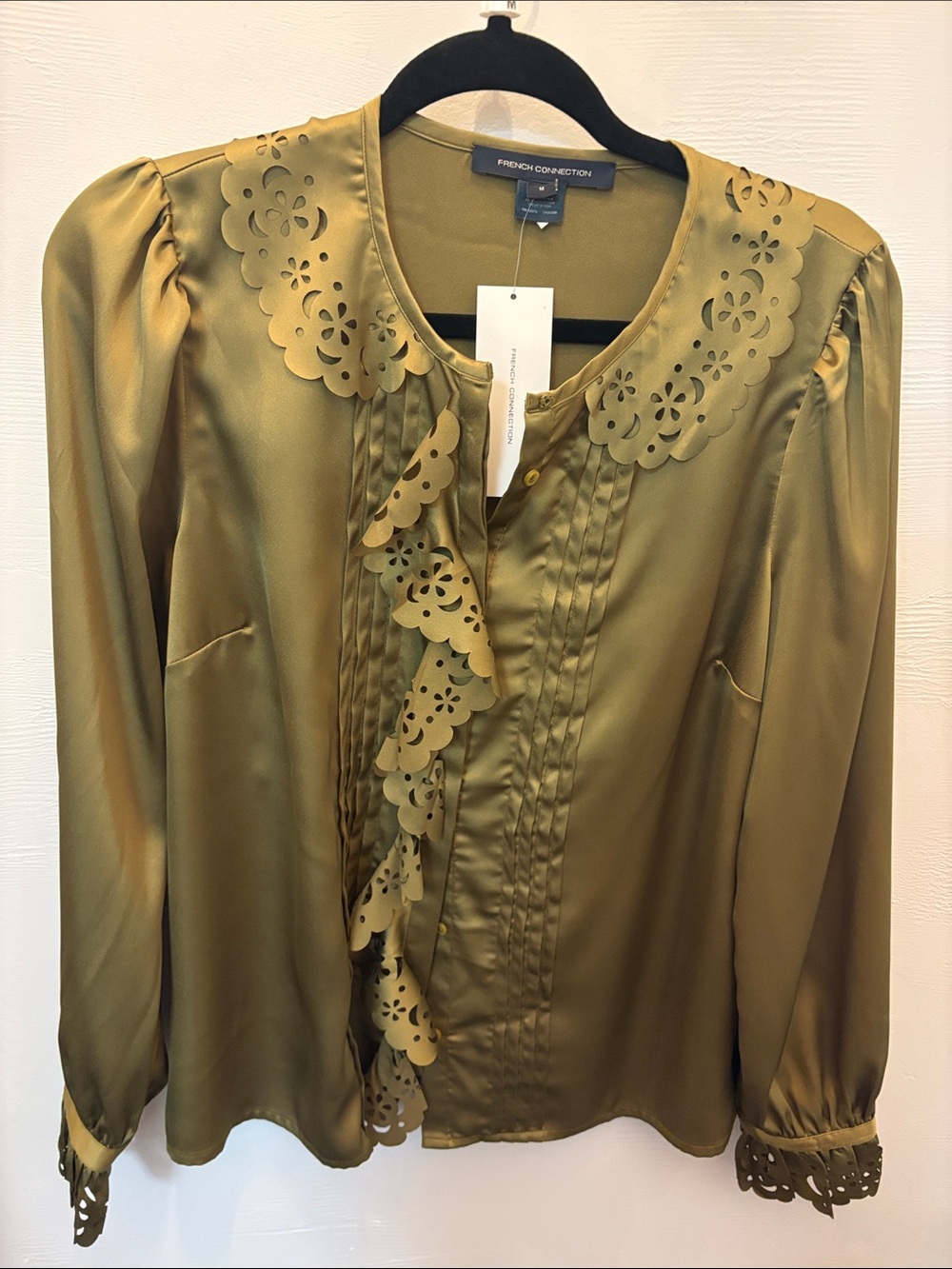 French Connection Olive Green Laser-Cut Ruffle Blouse